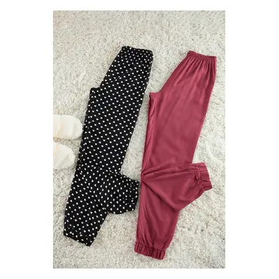 Trendyol Black-Burgundy 2-Pack Heart Patterned Viscose Woven Pajama Bottoms