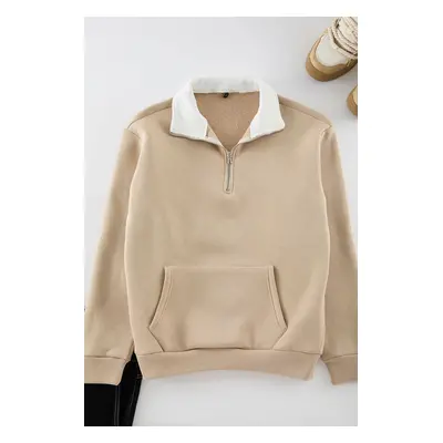 Trendyol Beige Oversize/Wide Cut High Collar Thick Sweatshirt