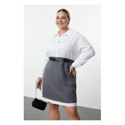 Trendyol Curve Anthracite-White Belted Shirt-Skirt Plus Size Woven Dress