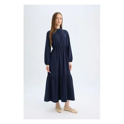 DEFACTO Shirt Collar Basic Plain Button Closure Gathered Waist Long Sleeve Maxi Navy Blue Dress