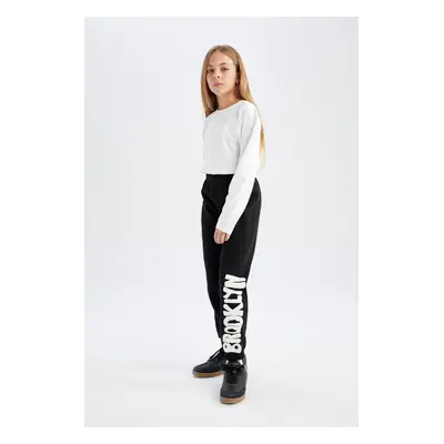 DEFACTO Girl Printed Elastic Waist Leg Black Jogger Sweatpants