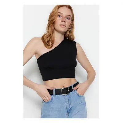 Trendyol Black One-Shoulder Fitted/Sleeping Crop Stretch Knit Blouse