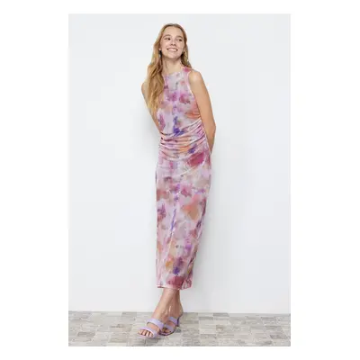 Trendyol Lilac Gather/Drape Detailed Abstract Patterned Fitted Maxi Flexible Knitted Pencil Dres