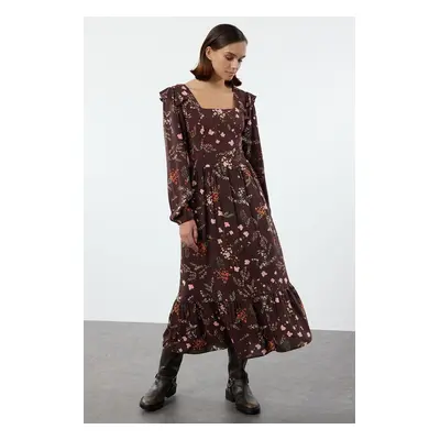 Trendyol Brown Floral A-Line Ruffle 100% Viscose Woven Dress