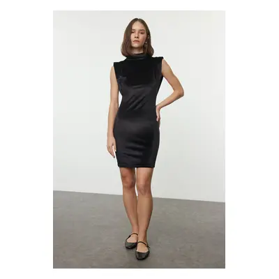 Trendyol Black Plain Velvet Zero Sleeve High Collar Padded Fitted Mini Knitted Dress