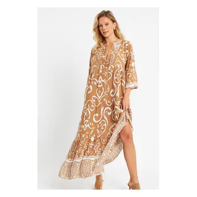 Cool & Sexy Women's Patterned Loose Maxi Dress Camel Q981