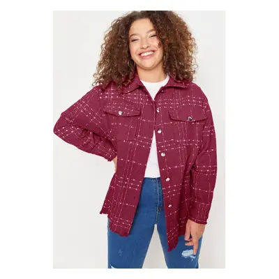 Trendyol Curve Burgundy Tweed Plaid/Checked Pocket Woven Plus Size Shirt