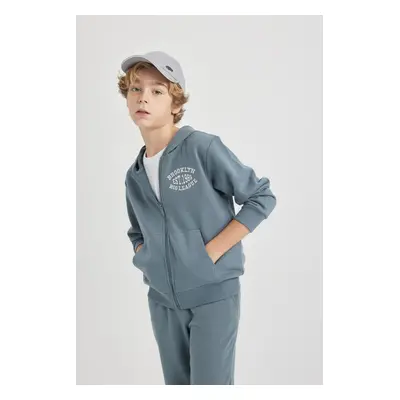 DEFACTO Boy's Hooded Printed Zippered Basic Sweatshirt