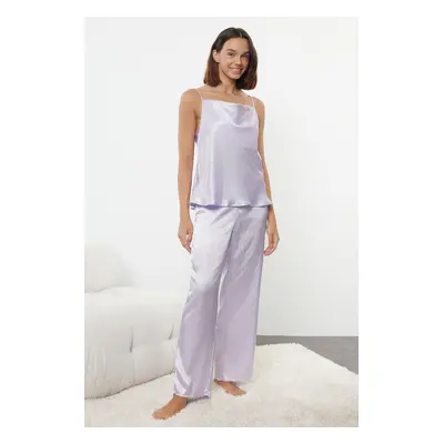 Trendyol Lilac Striped Back Tie Detail Cowl Neck Rope Strap Satin Woven Pajama Set