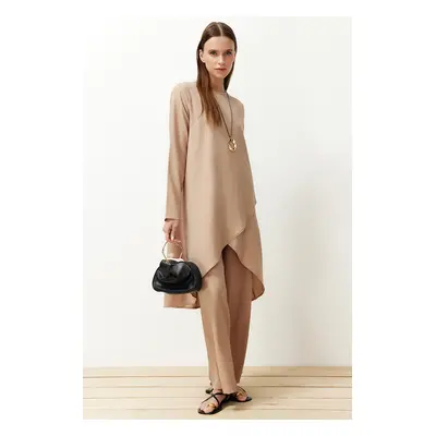 Trendyol Beige Asymmetrical Woven Tunic Trousers Bottom-Top Set