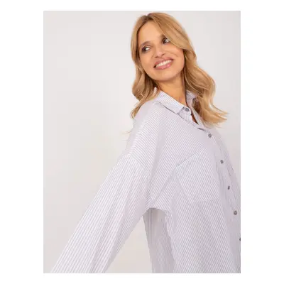 Light gray long button-down shirt with stripes