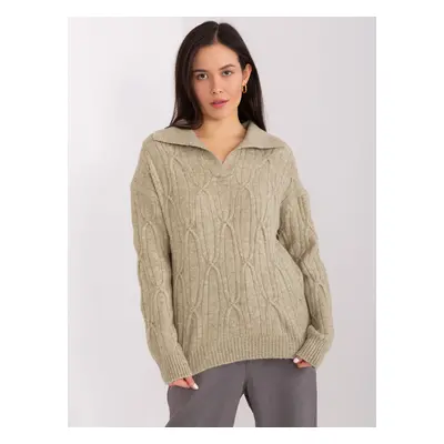 Khaki women's sweater with cables and collar