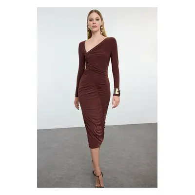 Trendyol Brown Fitted Asymmetrical Collar Knitted Chic Evening Dress