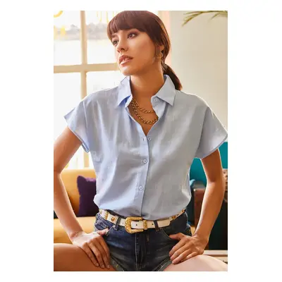 Olalook Women's Baby Blue Bat Linen Shirt