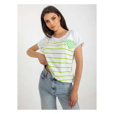 White and light green striped blouse with application