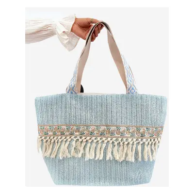 Woven Large Beach Bag with Fringe Blue Missalori