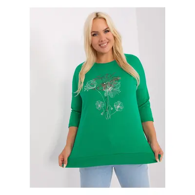 Green women's blouse of larger size with 3/4 sleeves