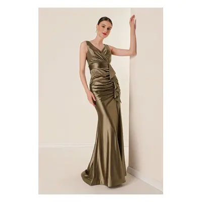 By Saygı Draped Front Flounce Lined Wide Size Long Satin Dress