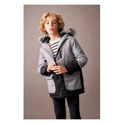 DEFACTO Boy Water Repellent Detachable Fur Hooded Plush Lining Coat Jacket