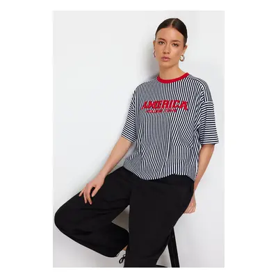 Trendyol Black Striped Motto Embroidered Oversize/Wide Fit Knitted T-Shirt