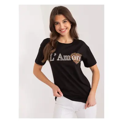 Black cotton t-shirt with appliqués