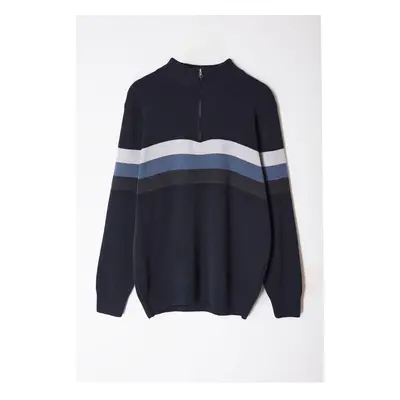 Trendyol Navy Blue Regular Cotton Half Turtleneck Color Block Knitwear Sweater