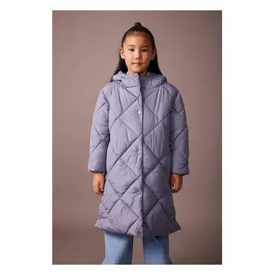 DEFACTO Girl&#39;s Water Repellent Hooded Quilted Long Coat