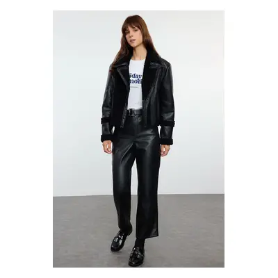 Trendyol Black Regular Fit Plush Detailed Faux Leather Biker Jacket Coat