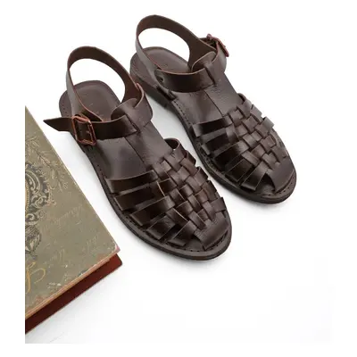 Marjin Women's Daily Sandals Made of Genuine Leather with Lightweight Eva Sole, Kesva Brown.