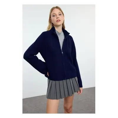 Trendyol Navy Blue Basic Zippered Stand Collar Knitwear Cardigan