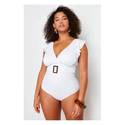 Trendyol Curve White Deep V-Belt Gathering Effect Bridal Knitted Swimsuit