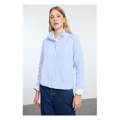 Trendyol Light Blue Basic Zippered Stand Collar Knitwear Cardigan