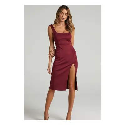 Madmext Claret Red with Straps and a Slit Detailed Midi Dress