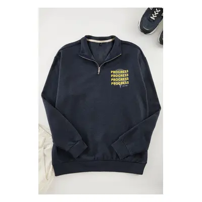 Trendyol Indigo Oversize/Wide Cut Zippered Text Printed Inside Fleece Cotton Sweatshirt