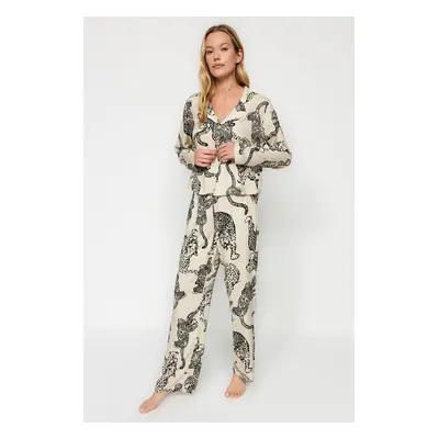 Trendyol Cream Animal Patterned Viscose Woven Pajama Set