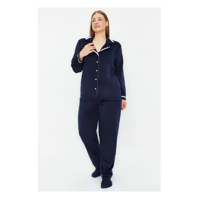 Trendyol Curve Navy Blue Shirt Collar Piping Fleece Knitted Pajamas Set