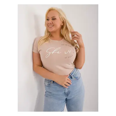 Beige plus size T-shirt with rhinestone appliqué