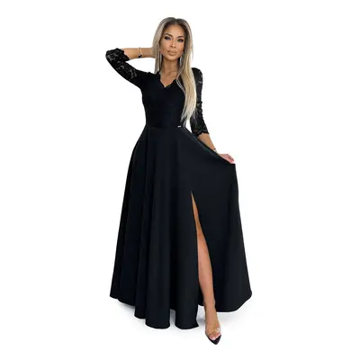 AMBER Elegant Lace Long Dress with Neckline and Slit on Legs - Black