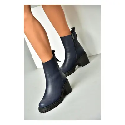 Fox Shoes Navy Blue Genuine Leather Women's Thick Heeled Boots