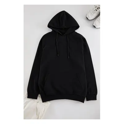 Trendyol Black Basic Oversize/Wide Cut Hooded Sweatshirt with Fleece Inside