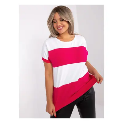 Ecru-fuchsia blouse plus size with short sleeves