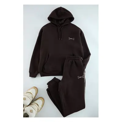 Trendyol Brown Oversize/Wide Cut Hooded Embroidered Inside Polar Fleece Sweatshirt Tracksuit