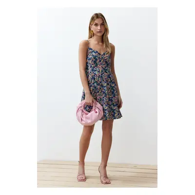 Trendyol Blue Floral Print A-line Double-breasted Collar Mini Woven Dress