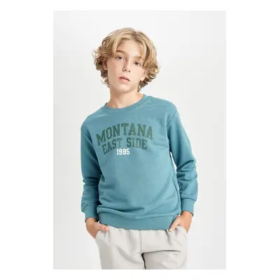 DEFACTO Boy Green Regular Fit Crew Neck Text Printed Sweatshirt