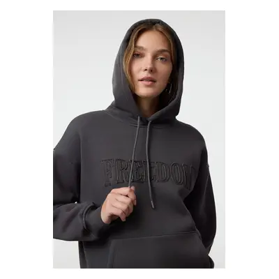 Trendyol Anthracite Hooded Oversize/Wide Pattern Thick Polar Fleece Knitted Sweatshirt