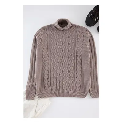 Trendyol Mink Regular Couple Turtleneck Textured Knitwear Sweater