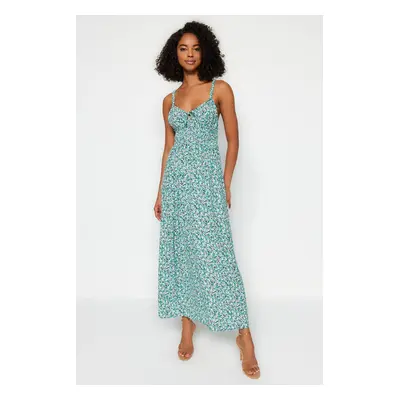 Trendyol Green Floral Print Straight Cut Tie Detailed Strappy Woven Dress