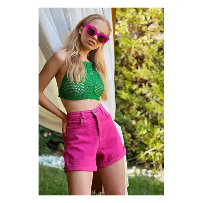 Trend Alaçatı Stili Women's Fuchsia Double Leg High Waist Denim Shorts