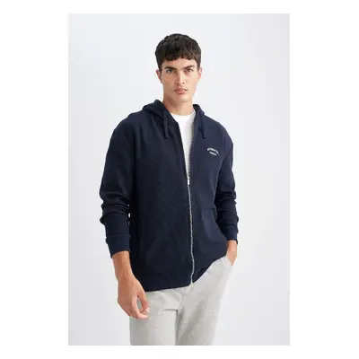 DEFACTO Men's Navy Blue Relax Fit Casual Cut Hooded Waffle Zipper Pocket Sweatshirt