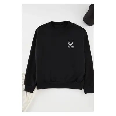 Trendyol Black Oversize/Wide Cut Long Sleeve Animal Embroidered Sweatshirt